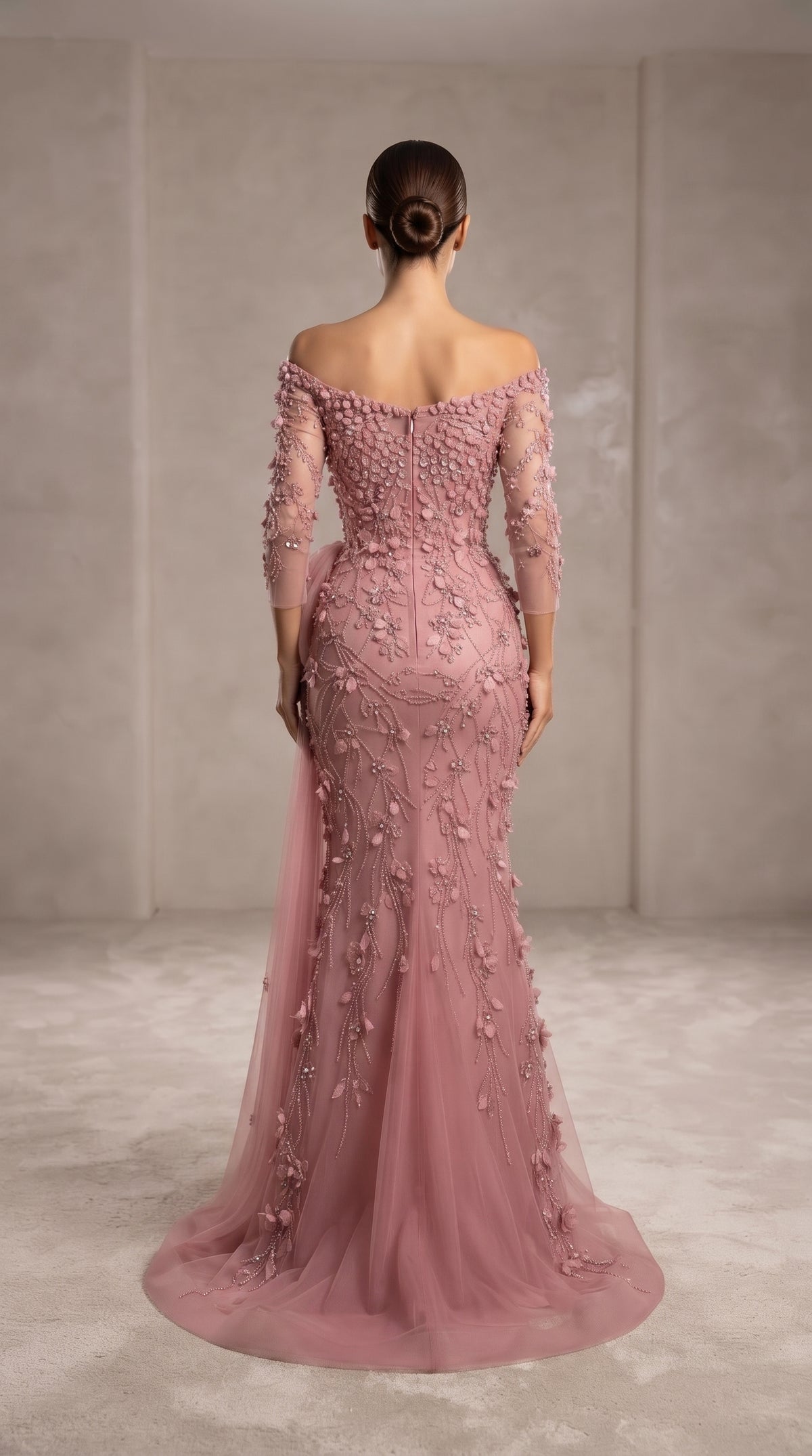 Blush Pink Off-the-Shoulder 3D Leaf Embellished Gown with Side Ruffle