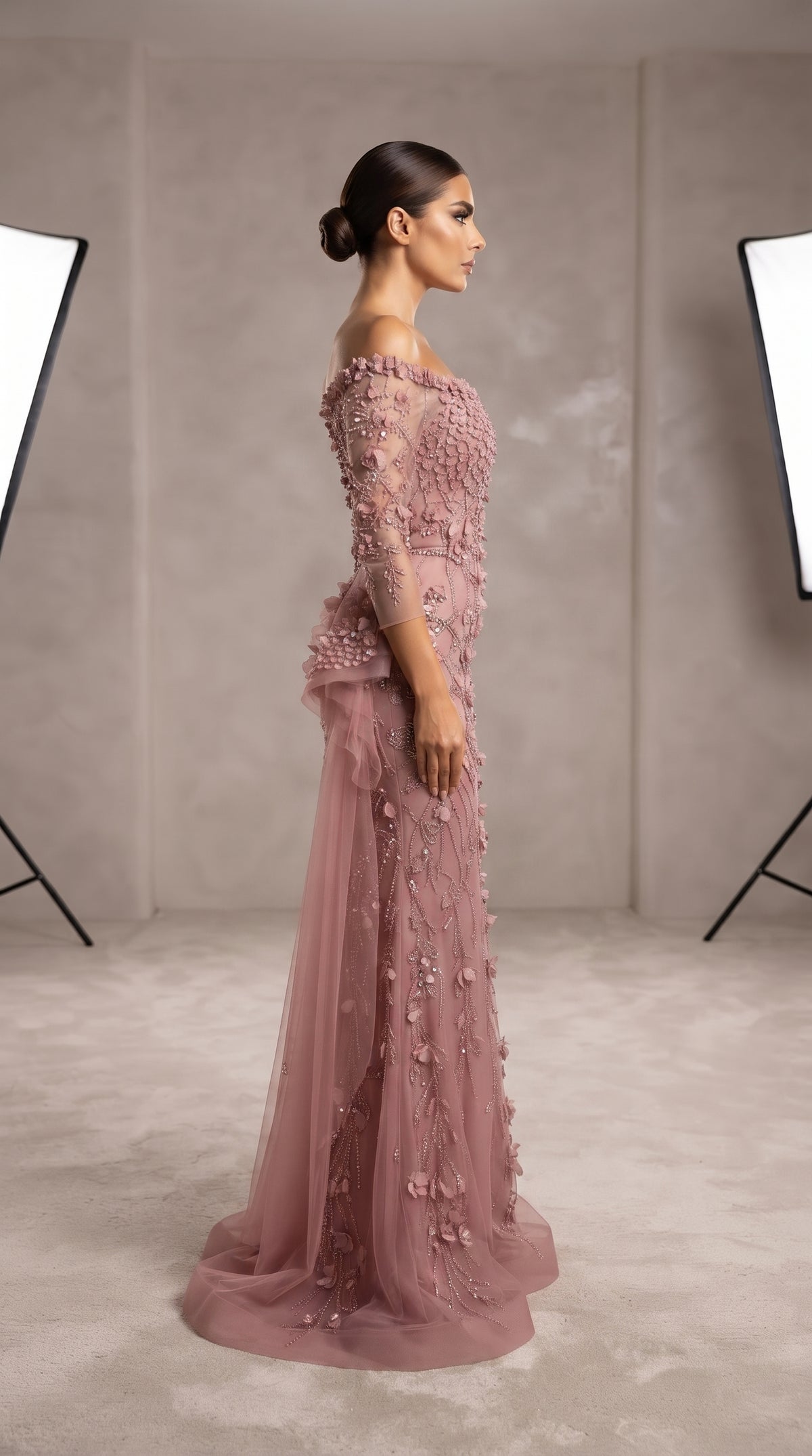 Blush Pink Off-the-Shoulder 3D Leaf Embellished Gown with Side Ruffle