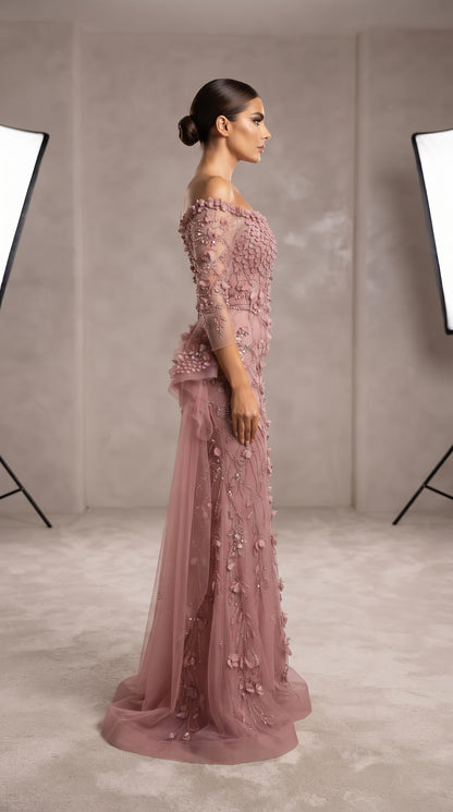 Blush Pink Off-the-Shoulder 3D Leaf Embellished Gown with Side Ruffle