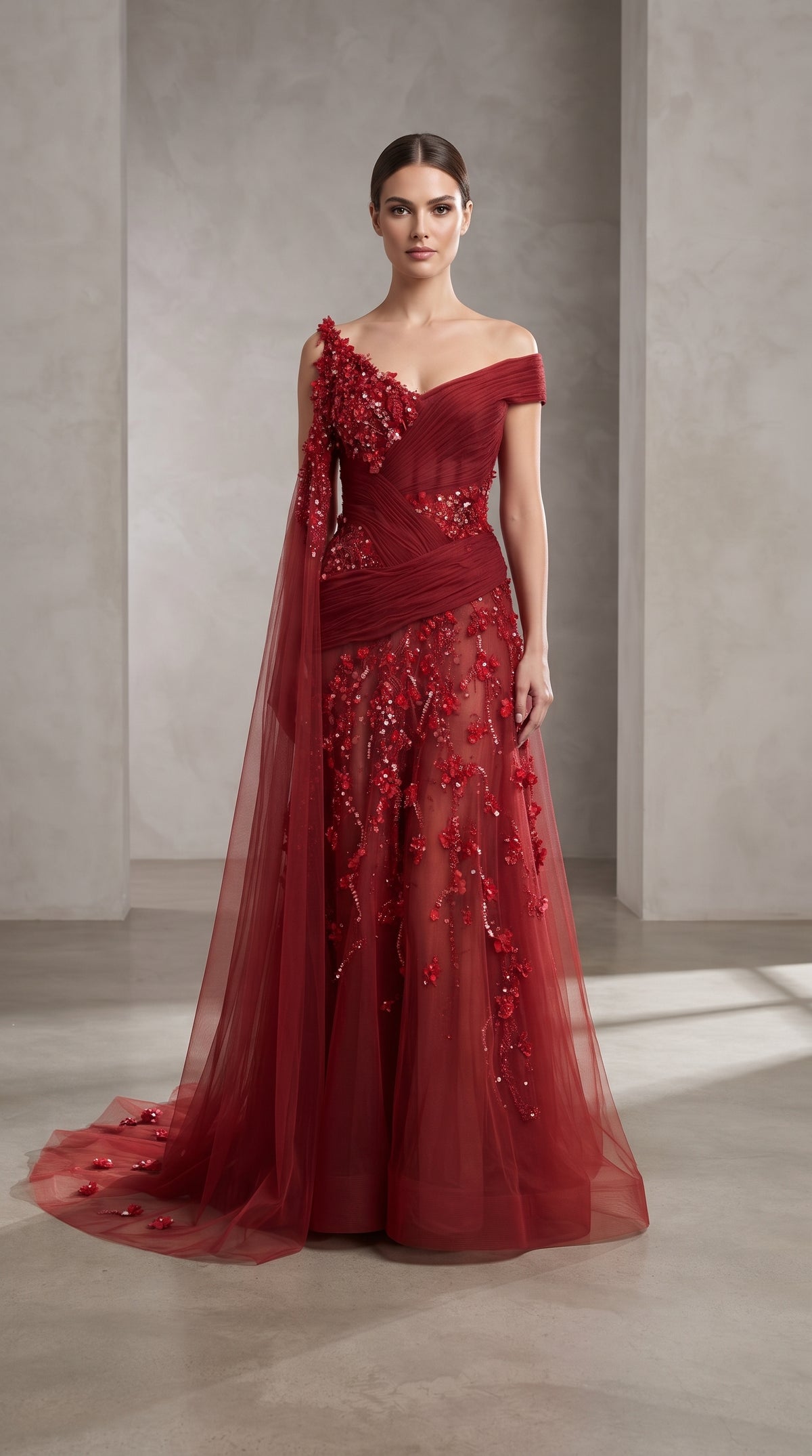 Ruby Red Asymmetrical Pleated 3D Floral Cape Evening Gown