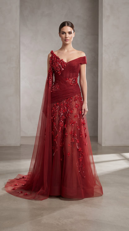 Ruby Red Asymmetrical Pleated 3D Floral Cape Evening Gown