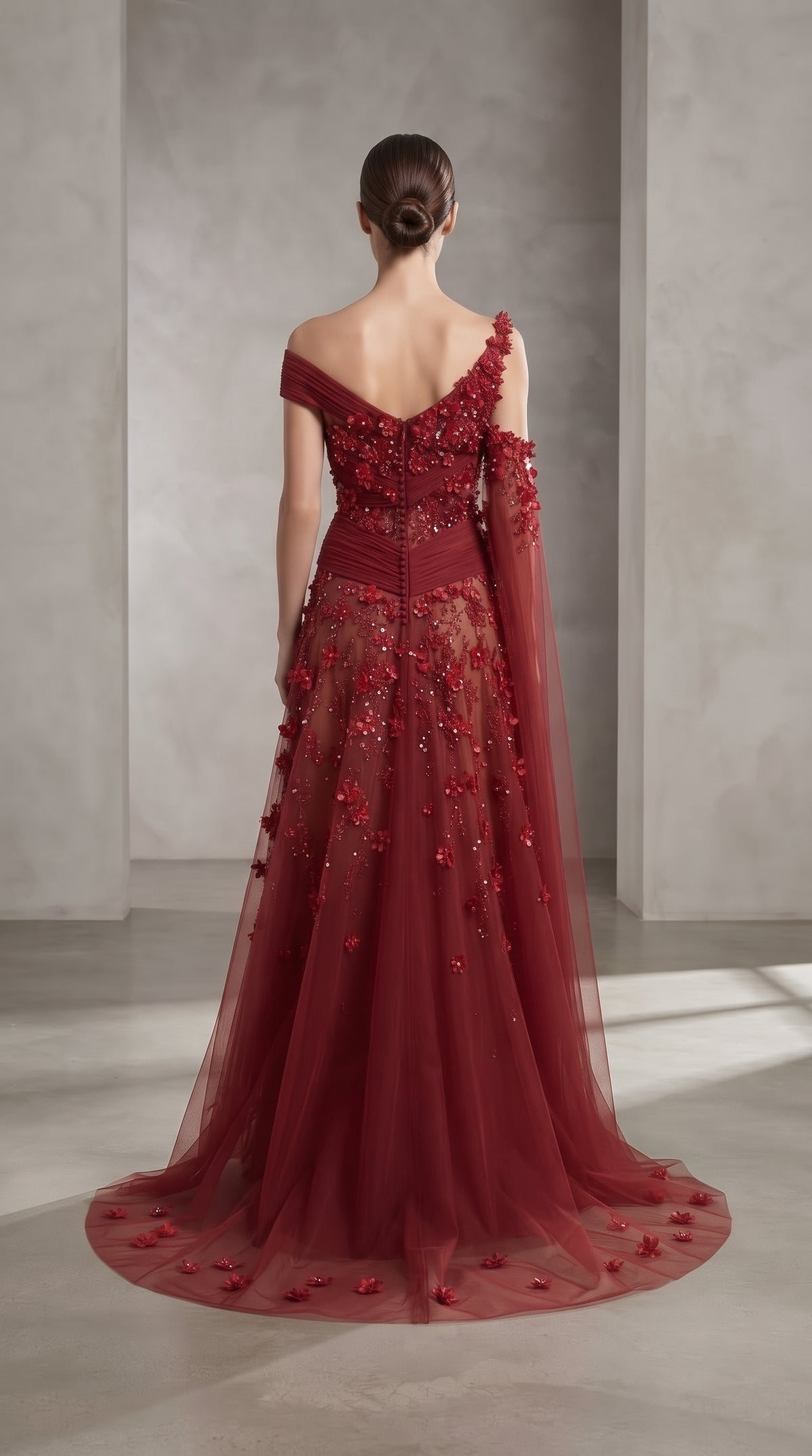 Ruby Red Asymmetrical Pleated 3D Floral Cape Evening Gown