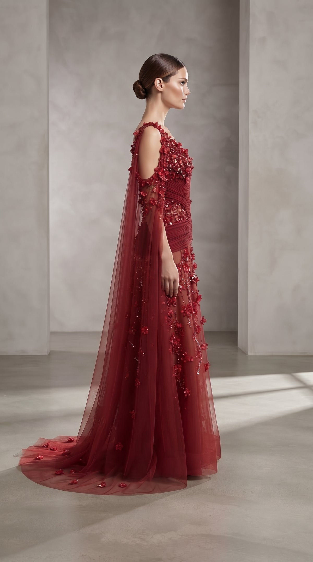 Ruby Red Asymmetrical Pleated 3D Floral Cape Evening Gown