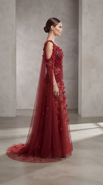 Ruby Red Asymmetrical Pleated 3D Floral Cape Evening Gown